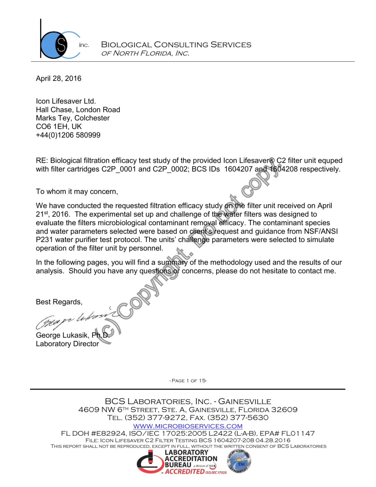 Strona tytułowa raportu Biological Consulting Services of North Florida z 28 kwietnia 2016 r. dotyczącego skuteczności filtracji jednostki Icon LifeSaver C2.